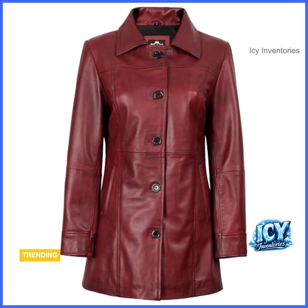 Lambskin Leather Jacket Vintage Style Long Trench Coat Women - Picture 3 of 7